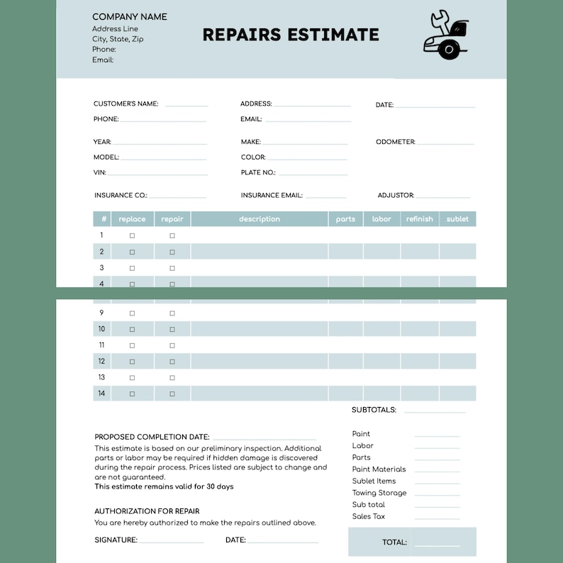 Auto Repair Invoice Estimate, Editable Body Shop Job Estimate Template ...