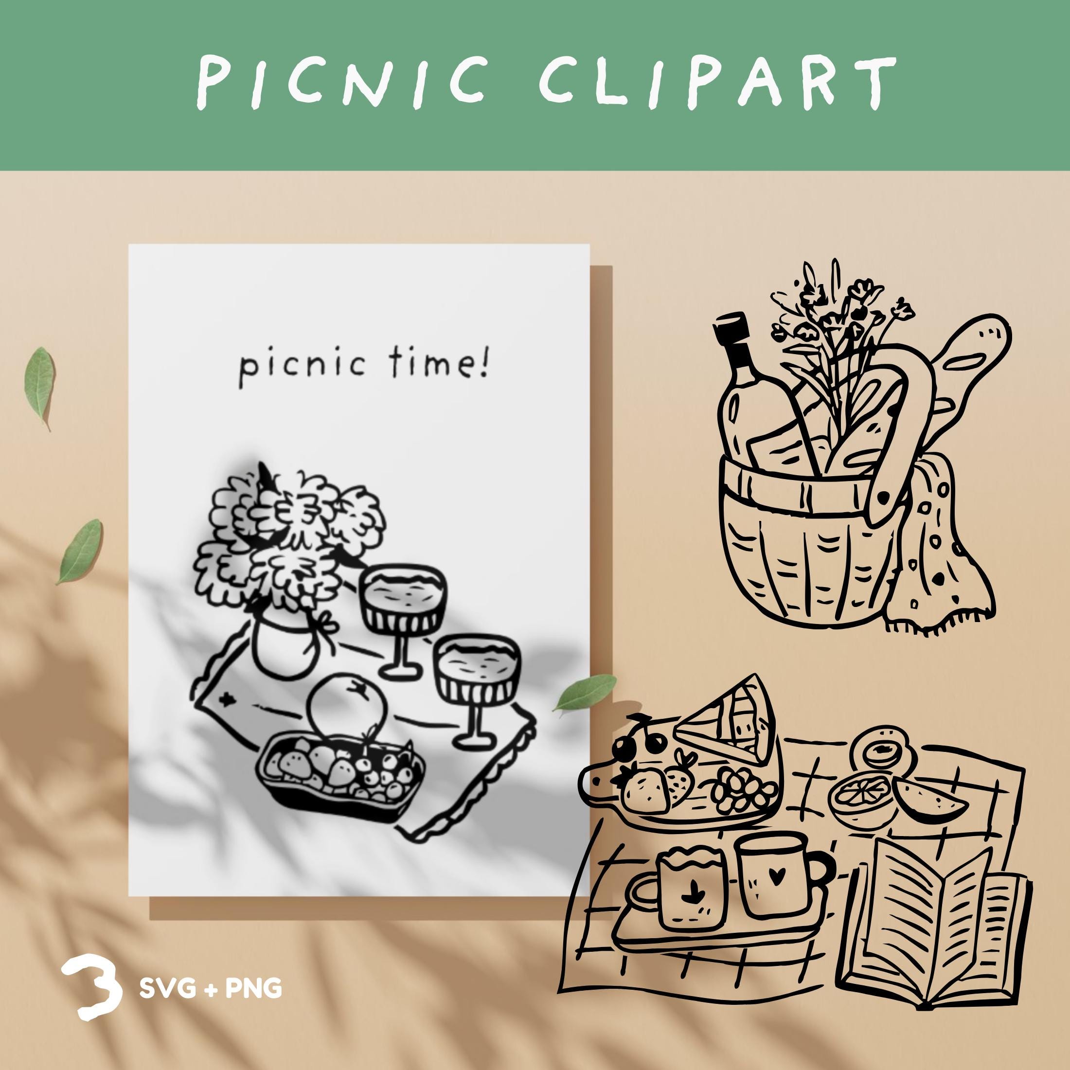Picnic svg, Food and drink clipart, Cottagecore line art, Picnic basket outline drawings, Hello spring png clipart, Cute whimsical doodles