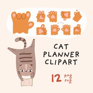 Cat planner clipart, pet paw emoji icons, cute cat digital sticker PNG, SVG, cartoon bujo stencils, funny emotions drawings
