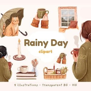 Planner girl clipart, rainy day aesthetics PNG, cute reading digital journal stickers, Hand drawn illustrations, cozy home digital stickers