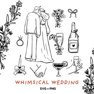 Whimsical wedding clipart bundle SVG, PNG, outline illustrations of bride groom, drinks, flowers, decor, Save the dates line art graphics