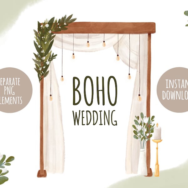 Boho Wedding Arch clipart. Bohemian wedding invitation clipart. Watercolor wedding clipart PNG