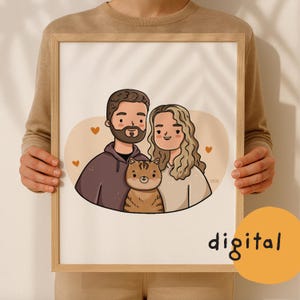 Custom family with pet portrait, hand drawn couple with cat, dog commission, Personalized adorable gift for Christmas, anniversary, birthday
