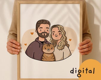 Custom family with pet portrait, hand drawn couple with cat, dog commission, Personalized adorable gift for Christmas, anniversary, birthday