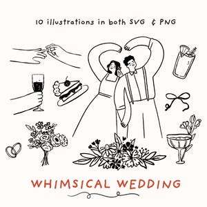 Wedding svg clipart, whimsical outline illustrations, bride and groom PNG, drinks, flowers, decor, cute Save the dates line art graphics