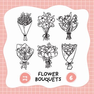 Wedding bouquet svg, cute floral compositions clipart bundle, hand drawn outline flower arrangements in PNG, whimsical DYI wedding card