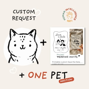 May include: A custom wedding invitation design featuring a black and white cat illustration, a "Save the Date" card with a couple illustration, and the text "Printable Wedding Invite". The design includes the text "Custom Request" and "One Pet Addition".