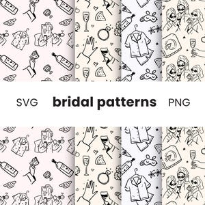 Bridal party pattern set, wedding digital papers, svg and png cute outline art for wrapping papers, wedding bookmark, prints, backgrounds