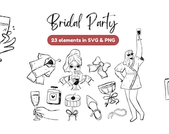 Cute Hand Drawn Bridal Party SVG, Outline bachelorette sleepover clipart, Shes tying the knot line doodle icons, Bridesmaid proposal PNG