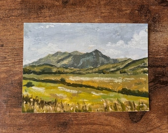 Estampado de paisaje de montañas, pintura al gouache sobre papel, arte hecho a mano.