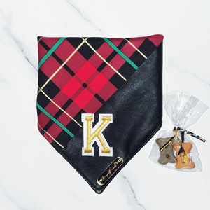 Christmas Plaid & Faux Leather Dog Bandana