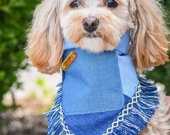 Vintage Denim Fringe - Dog Bandana - Snap On Dog Bandanas - Two-Toned - Personalized Dog Bandanas - Dog Bandana Collar - Dog Gifts