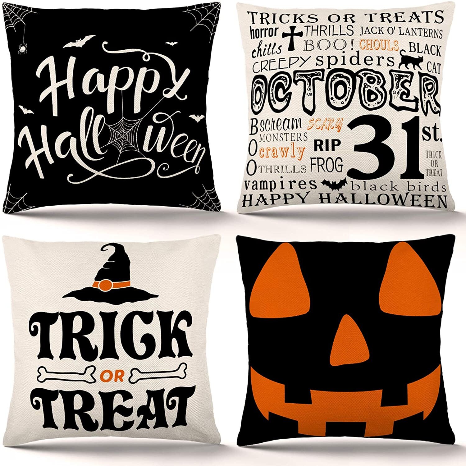Halloween Pillow Covers 18x18 Happy Halloween Throw Pillow Case Set of 4 Trick or Treat Black and White Decorative Pillow Cover Holiday Decor for Outdoor Livingroom Sofa Halloween Pillow Covers 18x18 Happy Halloween Throw Pillow Case Set of 4 Trick or Treat Black and White Decorative Pillow Cover Holiday Decor for Outdoor Livingroom Sofa