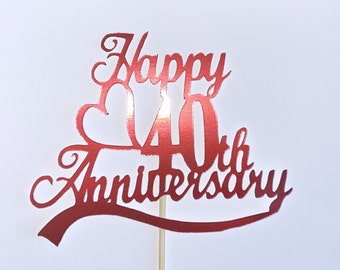 Happy 40th Anniversary Shimmer Red Cake Topper