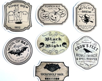 May include: A selection of Halloween-themed labels with a vintage aesthetic. The labels showcase illustrations of pumpkins, a witch, a zombie hand, a bat, skulls, and other spooky elements. Text includes "Zombie Brew," "Pumpkin Ale," and "Werewolf Hair."