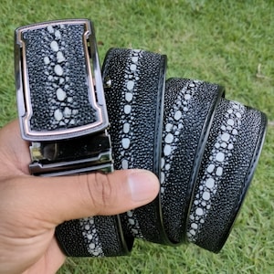 Peut inclure: Une ceinture en cuir noir avec un motif blanc et une boucle argentée. La ceinture est en peau de raie.