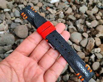 Handmade Stingray Watch Strap: Black Leather Band with Orange Accents