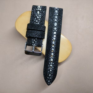 Stingray Raw Stone Watchstrap Black.  Raw Stone Stingray Watchband Black. 16,18,20,21,22,24 Leather Strap Stingray.