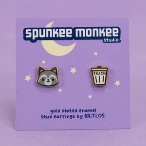 Trash Panda Gold Enamel Stud Earrings | 10 mm | Cute Raccoon Kawaii Stud Earrings