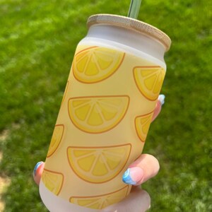 Lemon Frosted Glass Jar | Drinking Glass | Sublimation Glass Beer Can | Iced Coffee Tumbler With Lid + Straw | Kawaii Cup | 16oz