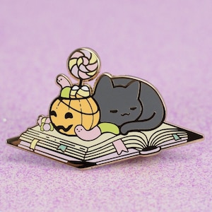 Sleepy Candy Cat n Book Pin | Kawaii Pastel Halloween Pin | Hard Enamel | 2 Inch
