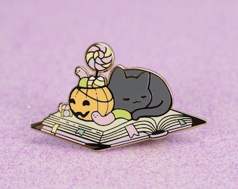 Sleepy Candy Cat n Book Pin | Kawaii Pastel Halloween Pin | Hard Enamel | 2 Inch