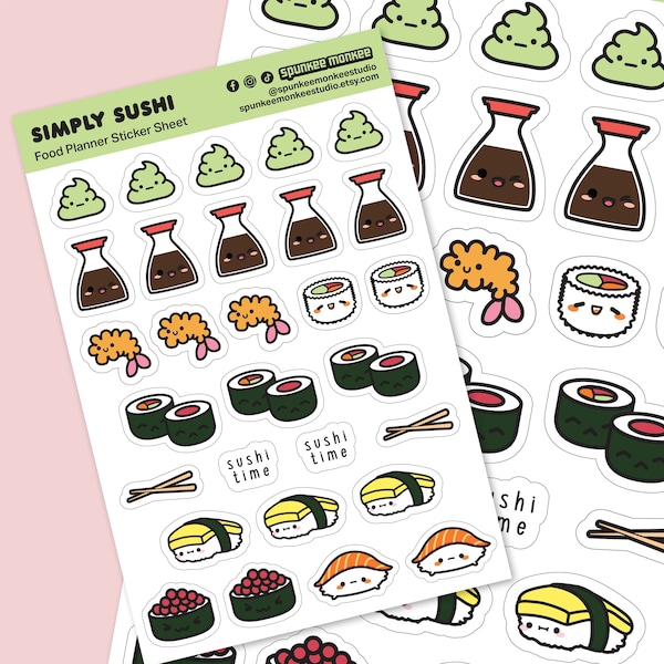 Sushi Food Sticker Sheet | Cute Bullet Journal Planner | Kawaii Food Stickers | 6x4 Inch Sheet | Mini Stickers | Planner Decorating