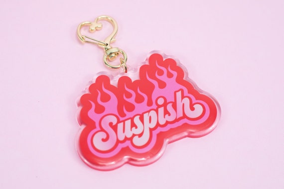 Suspish Acrylic Keychain | Red and Pink Flames | Bailey Sarian | True Crime | 2" Charm | Waterproof Vinyl Die Cut Sticker
