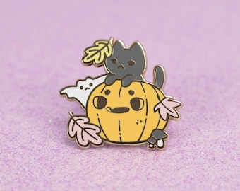 Pumpkin Cat n Ghost Bat Pin | Kawaii Pastel Halloween Pin | Hard Enamel | 1.3 Inch