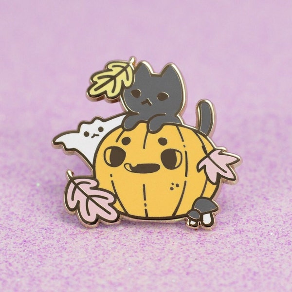 Pumpkin Cat n Ghost Bat Pin | Kawaii Pastel Halloween Pin | Hard Enamel | 1.3 Inch