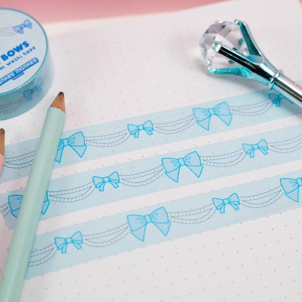 Blue Bows and Pearls Washi Tape | Kawaii Bows | Blue Washi Tape | Stationery Decorating | 15 MM x 10 M