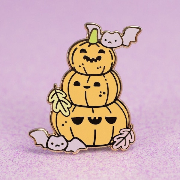 Pumpkin Stack n Bats Pin | Kawaii Pastel Halloween Pin | Hard Enamel | 1.4 Inch