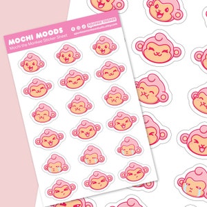 Mochi Moods Sticker Sheet | Cute Bullet Journal Planner | Kawaii Monkey Emoji Stickers | 6x4 Inch Sheet | Mini Stickers | Planner Decorating