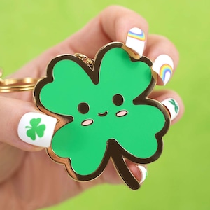 Lucky Clover Keychain | 4 Leaf Clover | Shamrock Bag Charm | Irish Pride | Red-head Pride | 2.5&quot; Charm | Gold Enamel Keychain