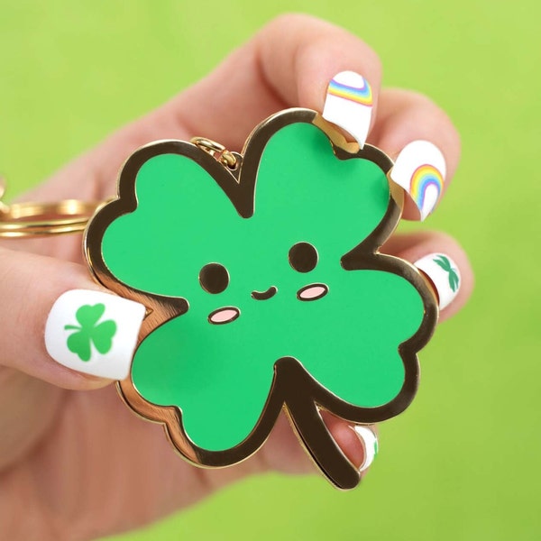 Lucky Clover Keychain | 4 Leaf Clover | Shamrock Bag Charm | Irish Pride | Red-head Pride | 2.5" Charm | Gold Enamel Keychain