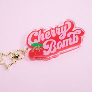 Cherry Bomb Keychain | Acrylic Keychain | Epoxy Coated | Red and Pink Lettering | 3" Charm