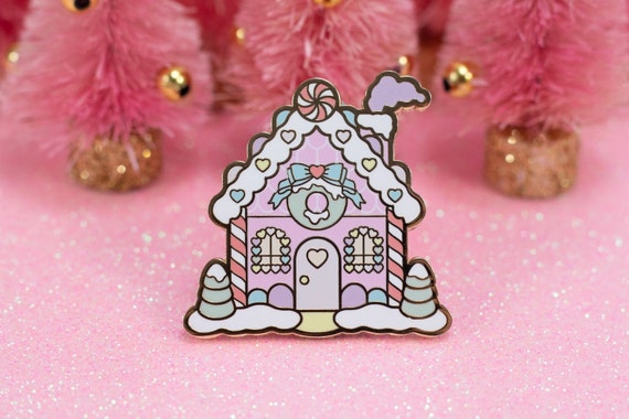Gingerbread House Pin | Kawaii Pastel Christmas Pin | Pink Christmas | Hard Enamel | 1.5 Inch