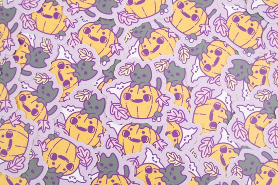 Pumpkin Cat n Ghost Bat | Kawaii Pastel Halloween Sticker | Waterproof Weatherproof Vinyl Die Cut Sticker
