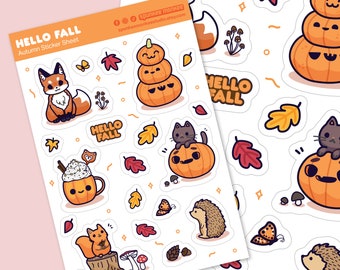 Hello Fall Planner Stickers | Autumn animals | Bullet Journal | Kawaii Fall | 6x4 Inch Sheet | Mini Stickers | Halloween Autumn Decorating