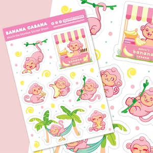 Feuille d’autocollants Banana Cabana | Cute Bullet Journal Planner | Autocollants de singe Kawaii | Feuille de 6x4 pouces | Mini autocollants | Décoration d’été