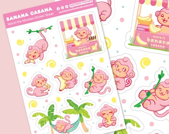 Banana Cabana Sticker Sheet | Cute Bullet Journal Planner | Kawaii Monkey Stickers | 6x4 Inch Sheet | Mini Stickers | Summer Decorating