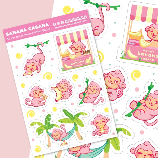 Banana Cabana Sticker Sheet / Cute Bullet Journal Planner / Kawaii Monkey Stickers / 6x4 Inch Sheet / Mini Stickers / Summer Decorating