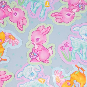 May include: A set of nine pastel-colored Easter stickers featuring a variety of cute animals, including bunnies, chicks, and lambs. The stickers are decorated with flowers, eggs, and other Easter-themed details.