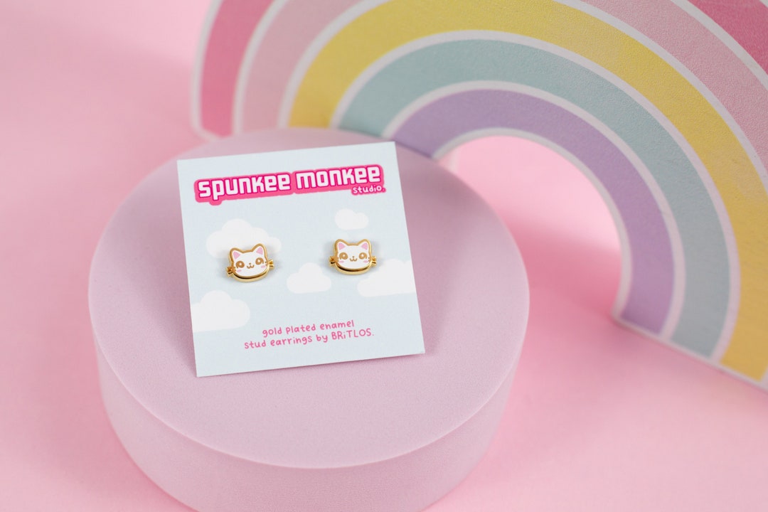 Cat Gold Enamel Stud Earrings 10 Mm Cute Kitty Kawaii Stud Earrings Etsy