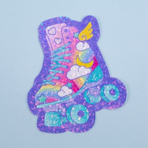 Cute Kawaii Roller Skate | Roller Derby | 3&quot; Sticker | Glitter Sticker | Waterproof Vinyl Die Cut Sticker