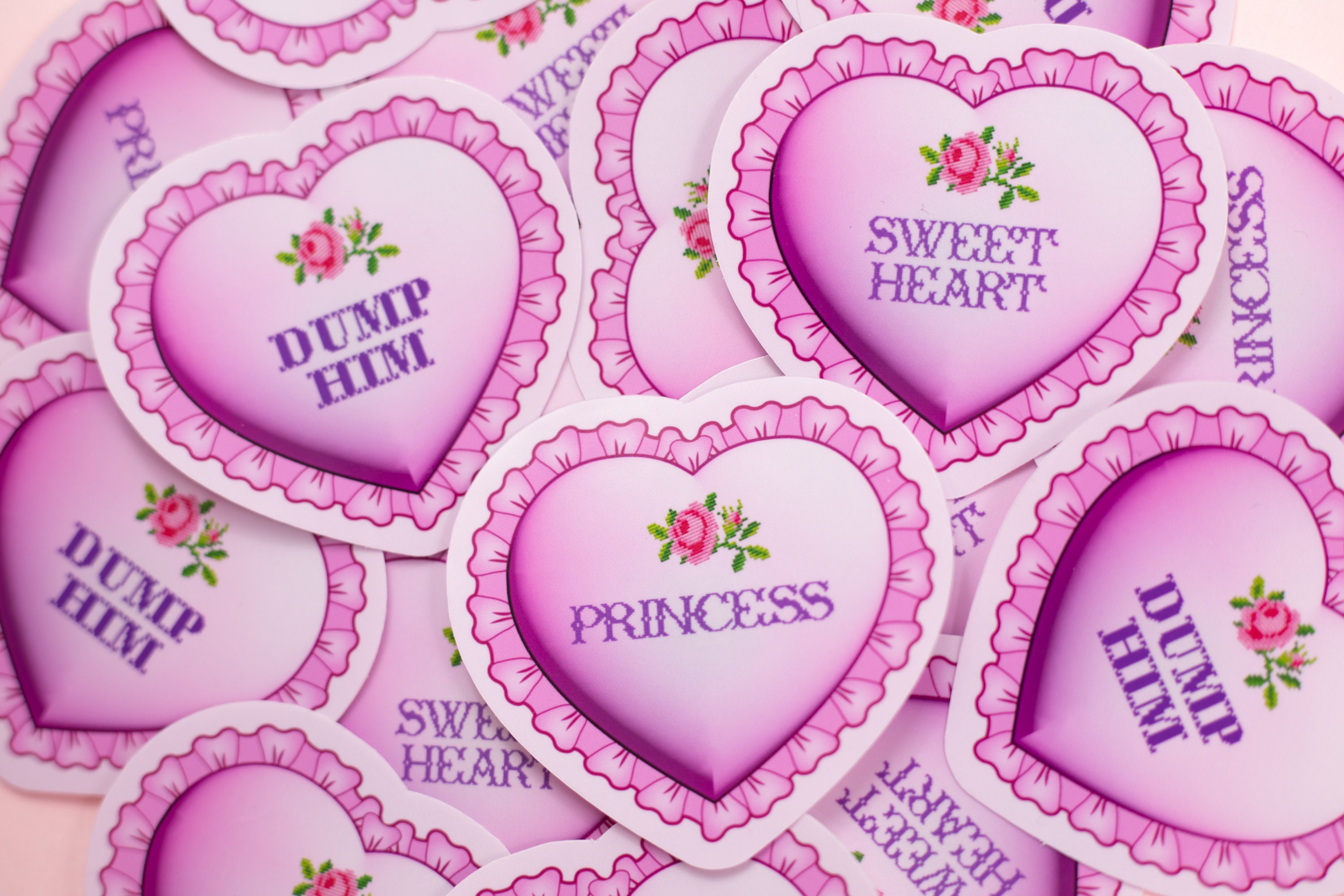 Cross Stitch Pillow | 80's Satin Ruffled Heart | Princess | Sweet Heart | Dump Him | 2.5" Sticker | Waterproof White Vinyl Die Cut Sticker