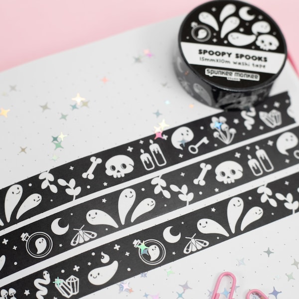 Spoopy Spooks Washi Tape | Kawaii Halloween | Spoopy Ghost Black and White Washi Tape | Stationery Decorating | 15 MM x 10 M