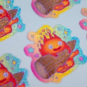Cute Fire Demon Sticker | Kawaii Flame Sticker | 3&quot; Sticker | Waterproof Glitter Die Cut Sticker