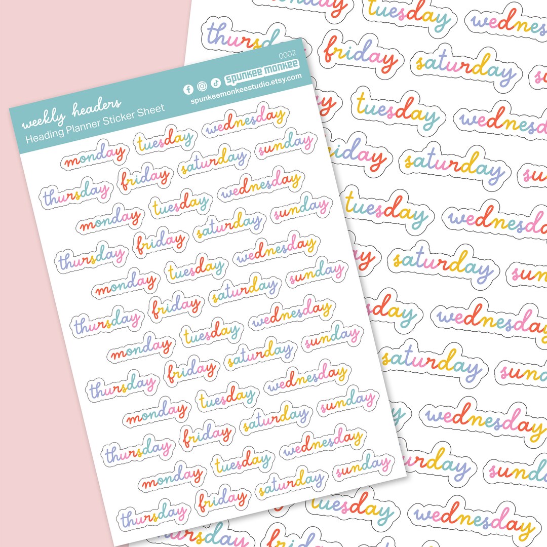 Colorful Script Weekly Header Planner Stickers | Days of the Week ...