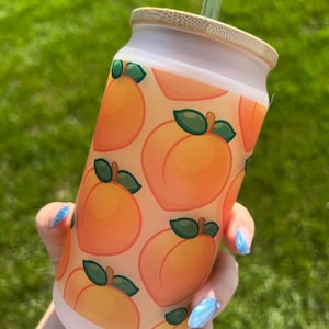 Peach Frosted Glass Jar | Drinking Glass | Sublimation Glass Beer Can | Iced Coffee Tumbler With Lid + Straw | Kawaii Cup | 16oz